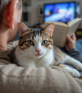 A man relaxes on a sofa with his pet cat in a comfortable, cat-friendly living room