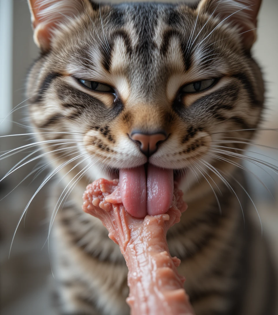 Domestic cat licking a meaty bone with rough tongue visible