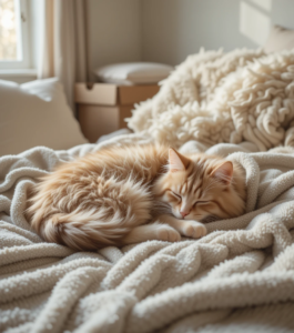 Fluffy cat sleeping on a fleece blanket in a cozy home setting
