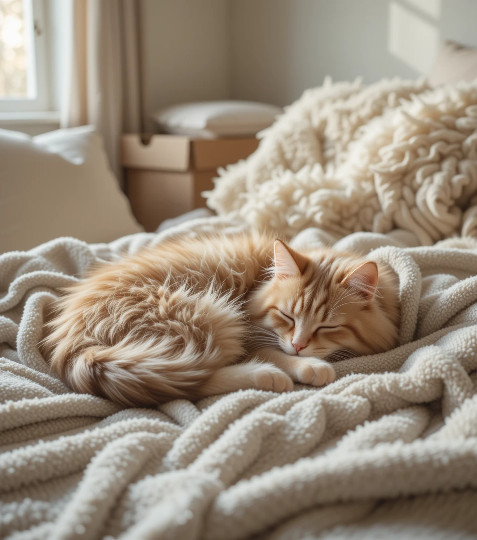 Fluffy cat sleeping on a fleece blanket in a cozy home setting
