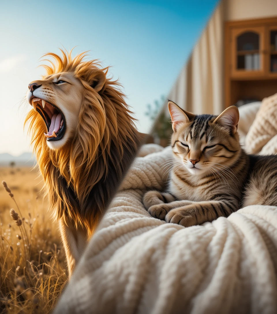 Side-by-side image of a roaring lion and a purring domestic cat showing the evolutionary divide in the cat family