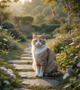 Domestic cat peacefully coexisting with nature in a garden setting