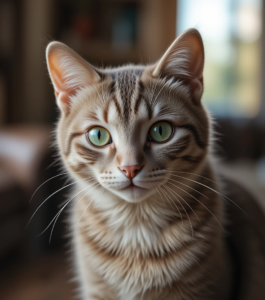 Close-up of a beautiful domestic cat with green eyes and soft fur.