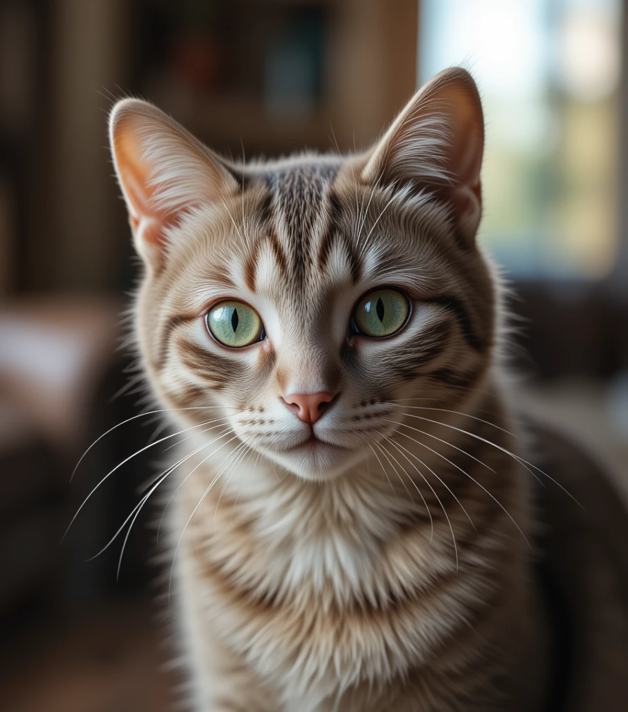 Close-up of a beautiful domestic cat with green eyes and soft fur.