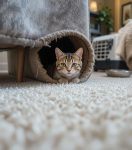 Shy green-eyed cat peeking from under a couch in a new home