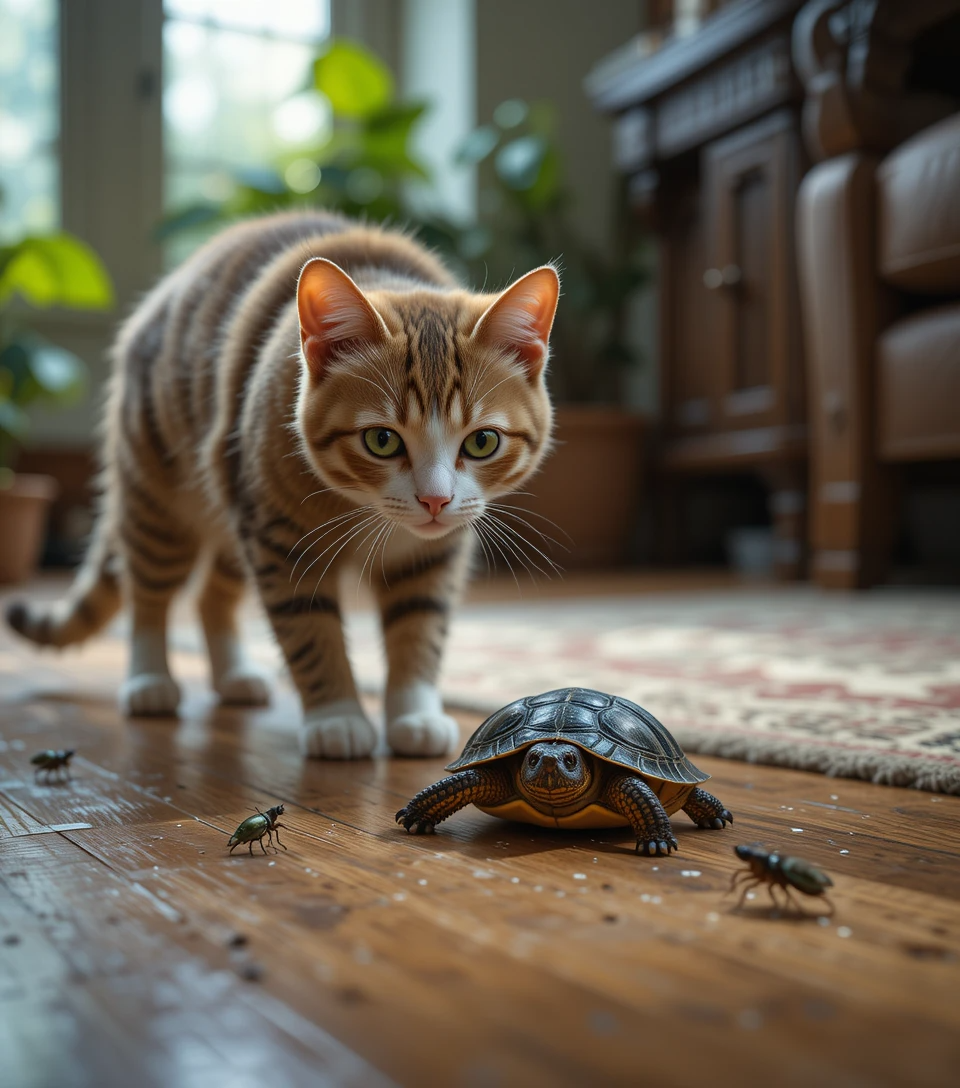 Domestic cat observing a turtle and insects on the floor in a home