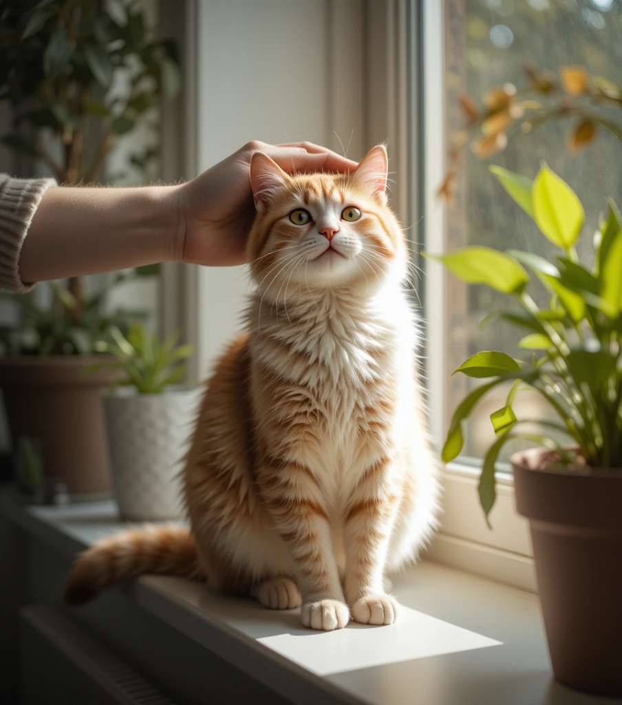 Owner petting a happy cat on a sunny windowsill.
