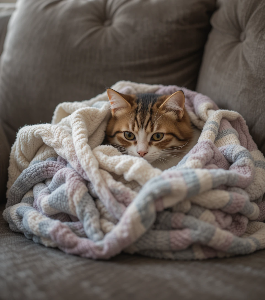 Cat kneading a blanket while preparing to sleep