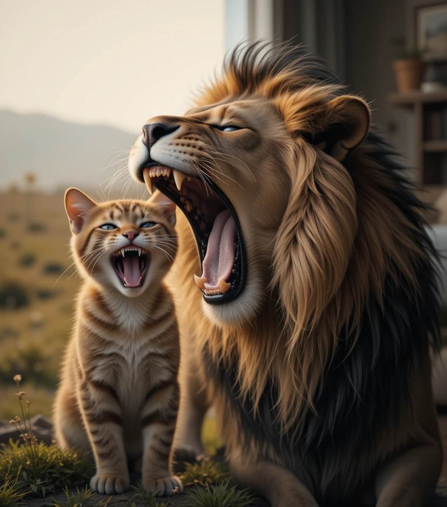 Roaring lion and purring domestic cat side-by-side to show the two divisions in the cat family