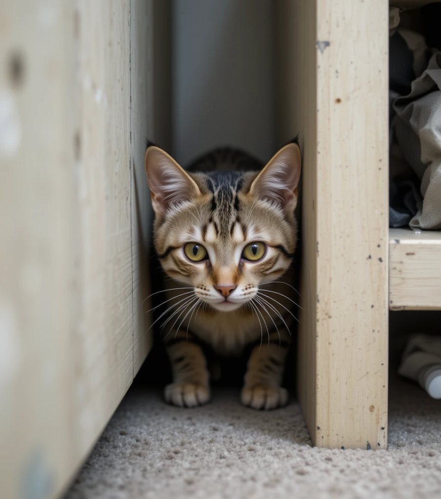 Scared cat hiding behind furniture in unfamiliar home environment.