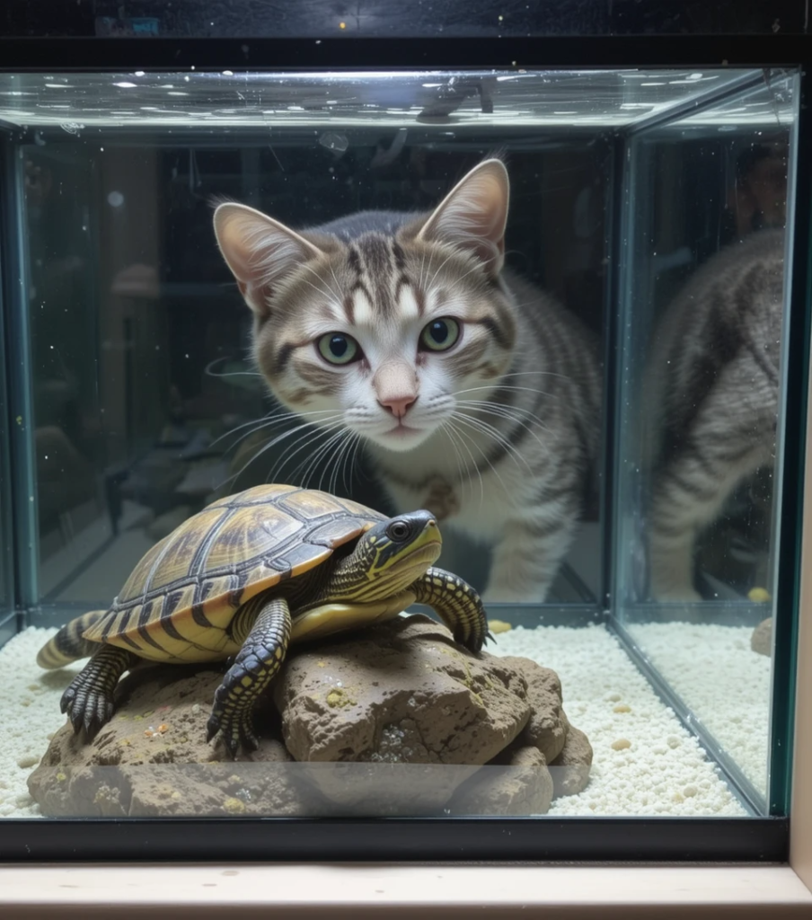 Cat watching a turtle inside a glass enclosure