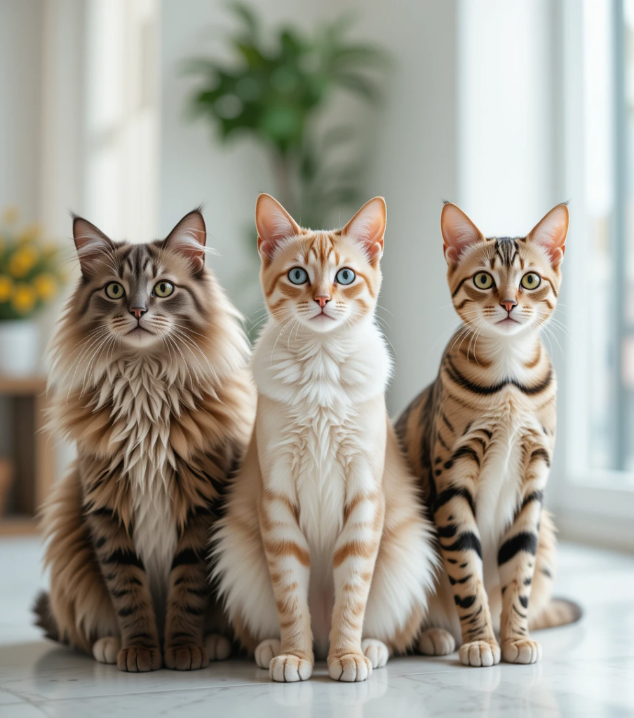 Three distinct cat breeds—Persian, Siamese, Bengal—sitting side by side.