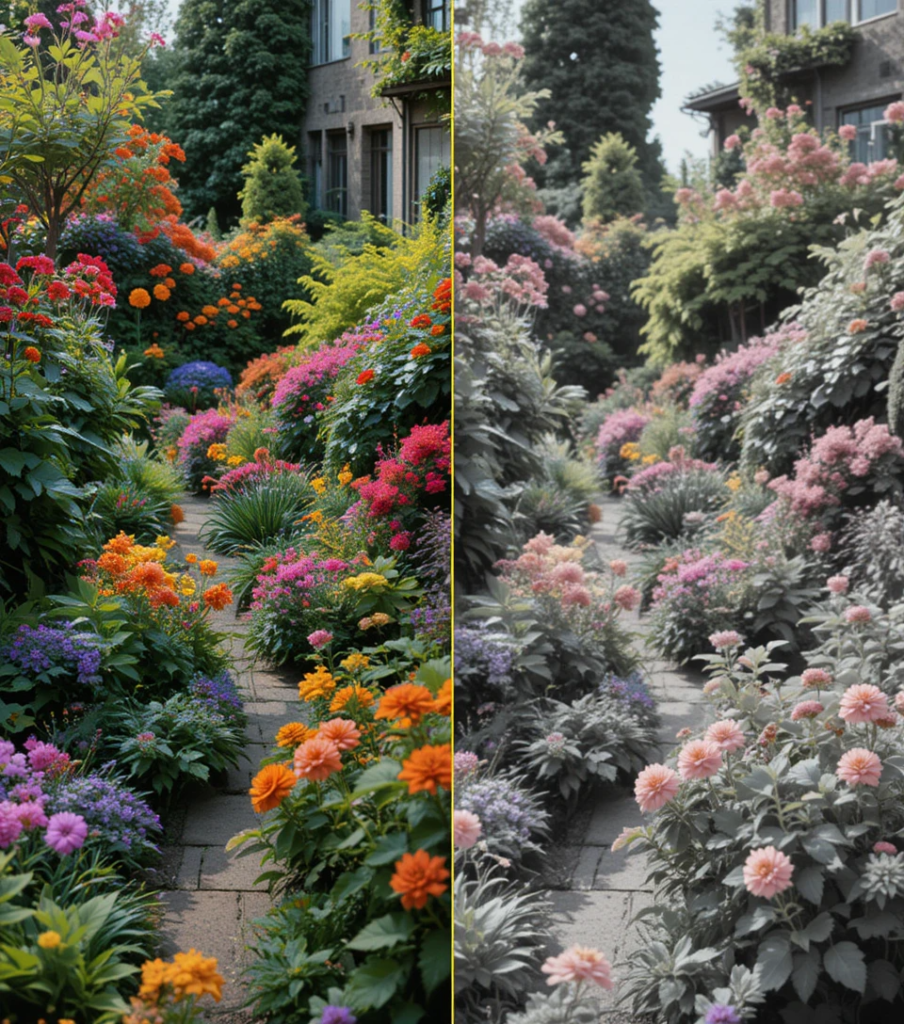 Garden comparison showing cat vs human color vision