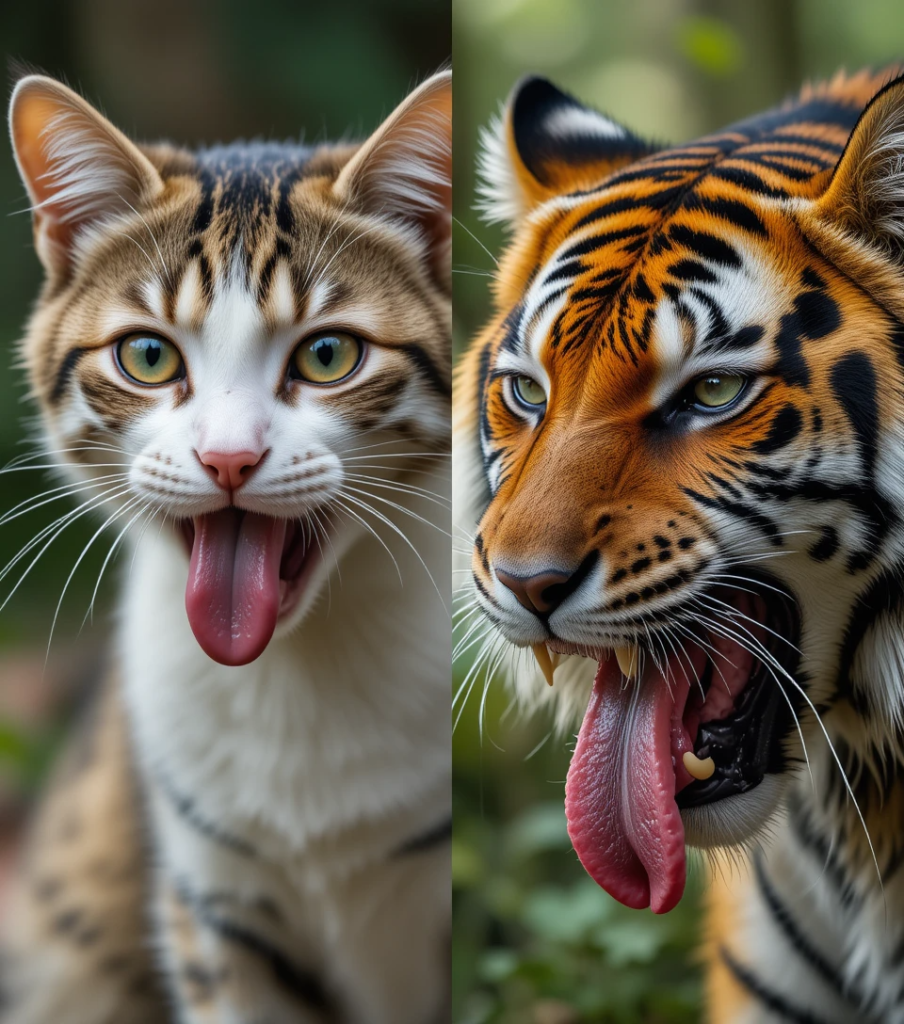Domestic cat and wild tiger both licking meat
