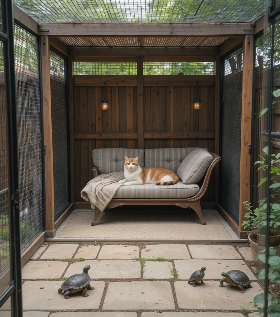 Cat resting in an enclosed outdoor catio near wildlife