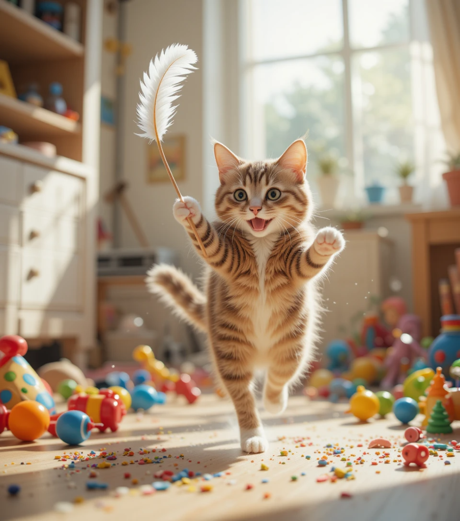 Playful cat leaping for a toy in a joyful home setting