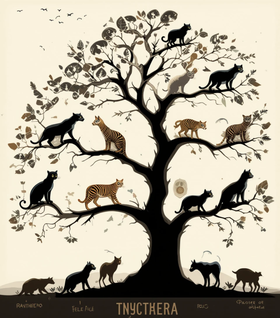 Evolutionary tree showing the divergence of roaring and purring cats over time