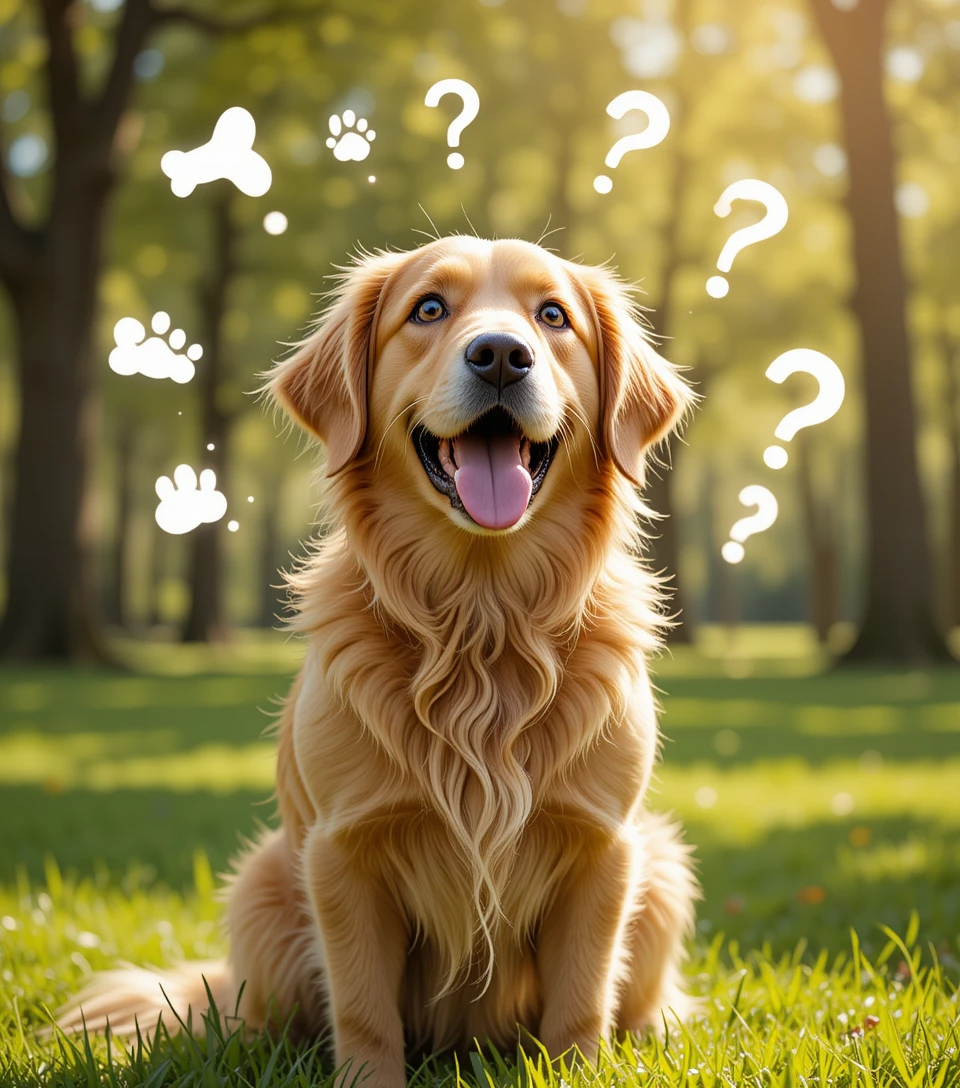 Golden retriever in a park with playful dog-themed icons floating around