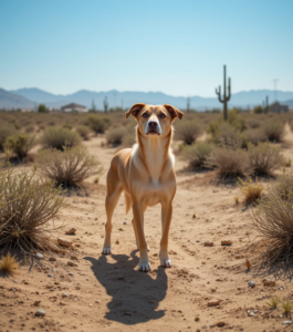 Dog sniffing desert air in a valley fever-prone area