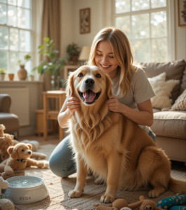 Dog owner brushing a happy Golden Retriever in a cozy living room