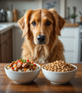 Healthy dog comparing fresh dog food and dry kibble in two separate bowls