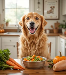 Golden retriever next to a bowl of vet-approved vegetables including carrots, green beans, and sweet potatoes in a cozy kitchen