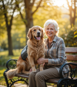 Golden Retriever therapy dog comforting an elderly woman on a park bench