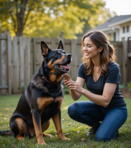 Calm woman confidently training a fierce dog with positive reinforcement in a backyard setting.