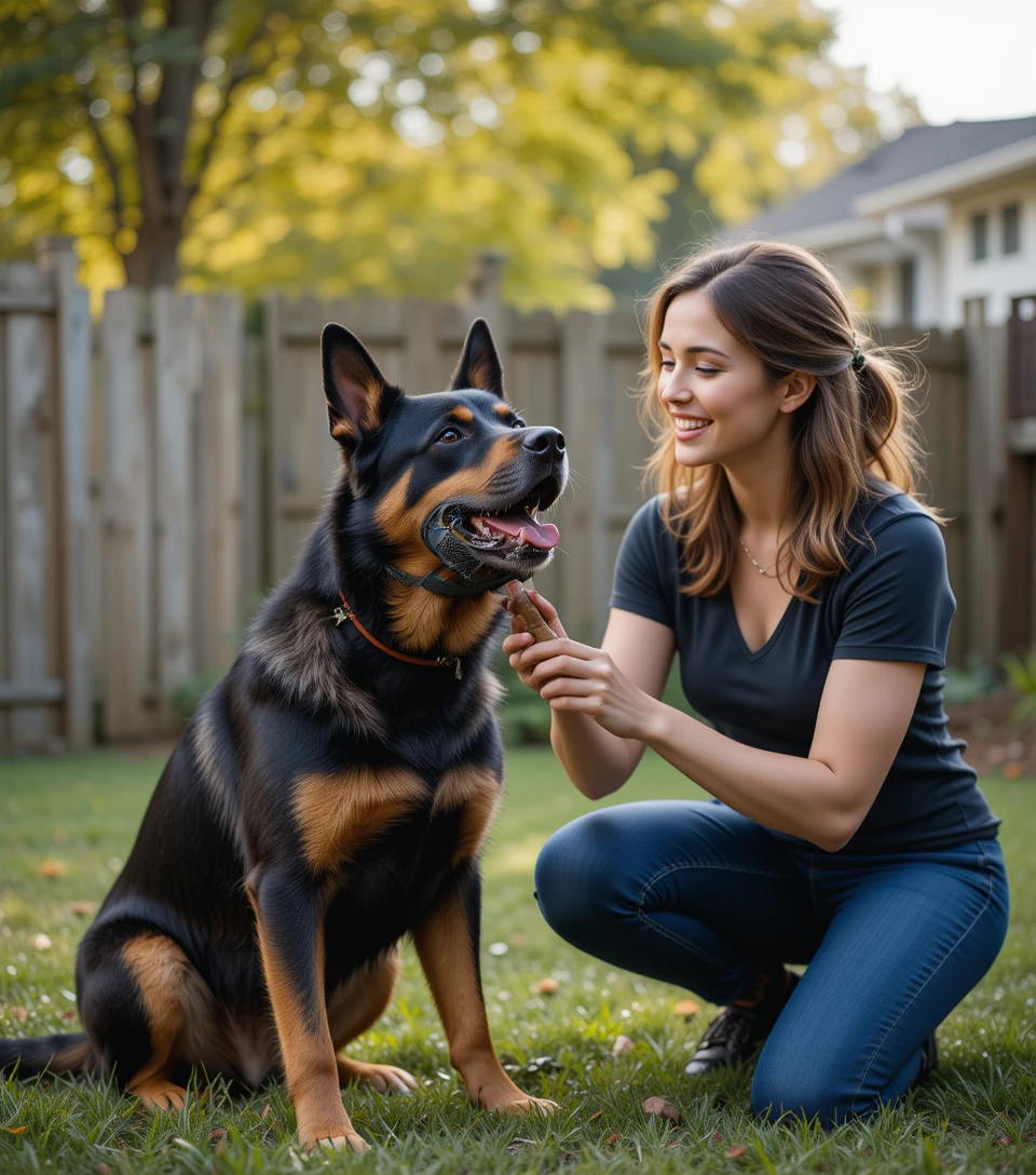Calm woman confidently training a fierce dog with positive reinforcement in a backyard setting.