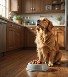 Golden retriever sitting near a bowl of nutritious dog food in a cozy kitchen