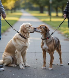 Two dogs meeting calmly on leashes in a park with owners nearby
