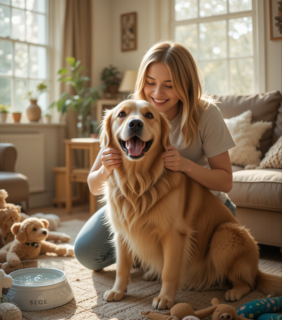 Dog owner brushing a happy Golden Retriever in a cozy living room