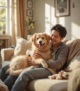 Happy dog cuddling with owner on a cozy living room sofa, showing emotional bond.