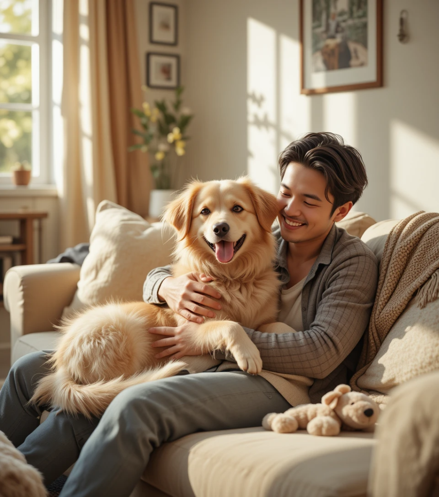 Happy dog cuddling with owner on a cozy living room sofa, showing emotional bond.