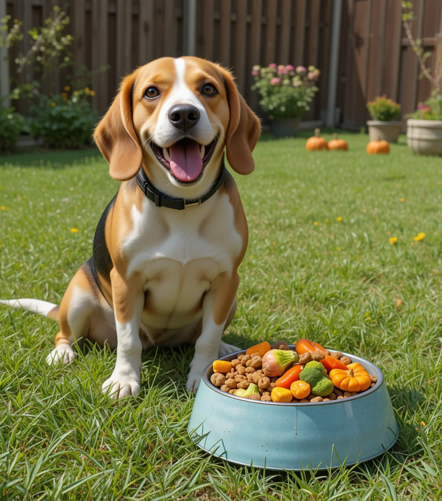 Dog food bowl with mixed vegetables and a happy beagle.