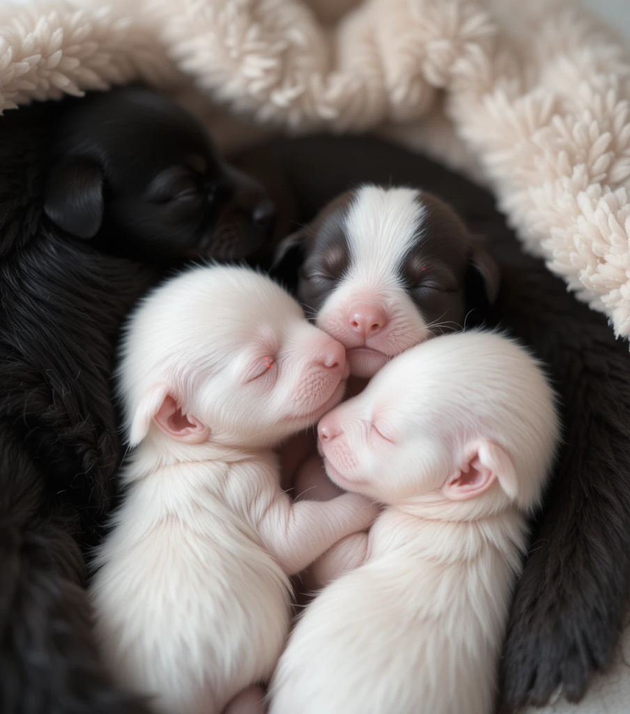 Newborn puppies snuggling with their mother.