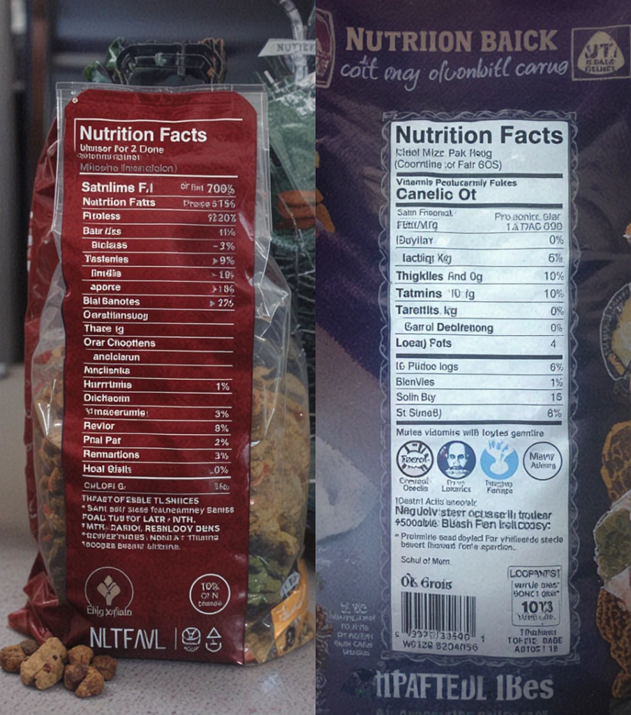Fresh dog food and kibble nutrition labels side by side