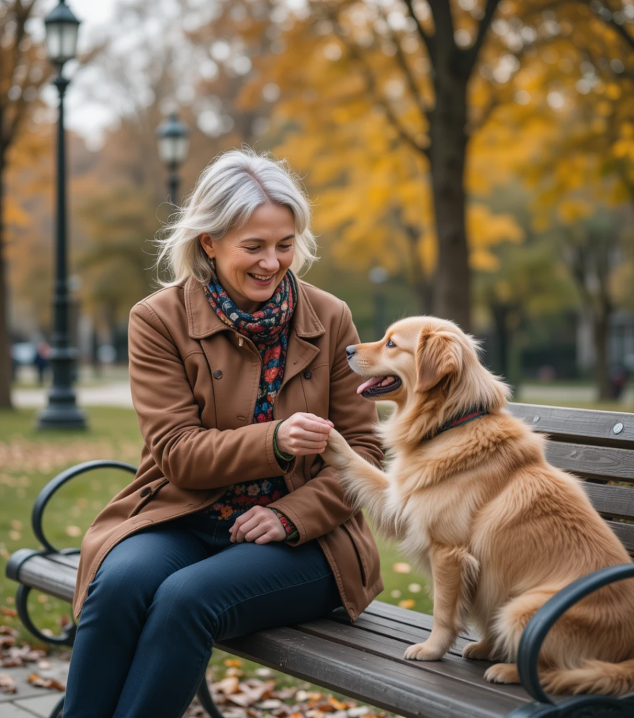 Woman connecting with a therapy dog in a quiet park
