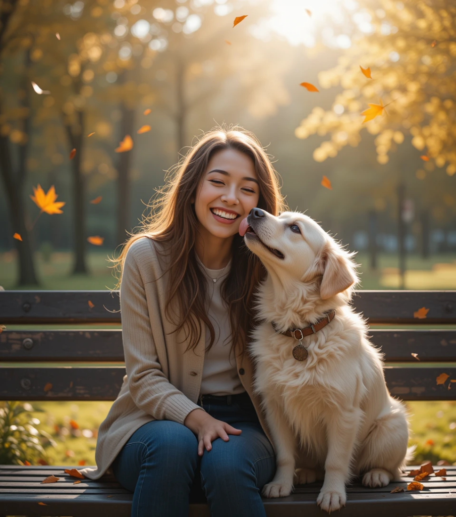 Dog licking its owner’s face in a joyful moment at the park