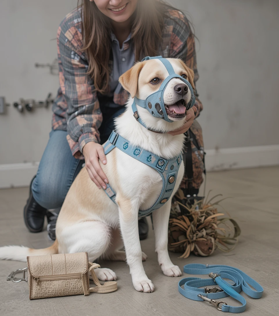 Dog calmly wearing a muzzle and harness with humane training tools nearby.