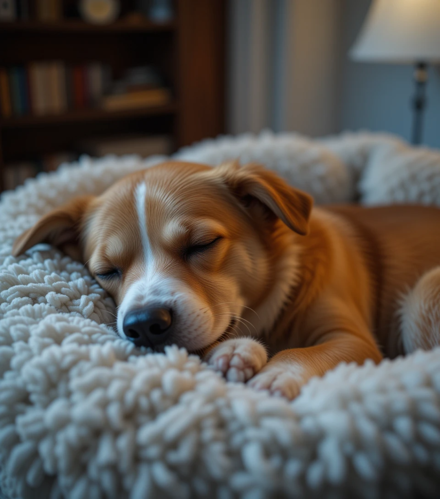 Dog dreaming while sleeping peacefully in its bed.
