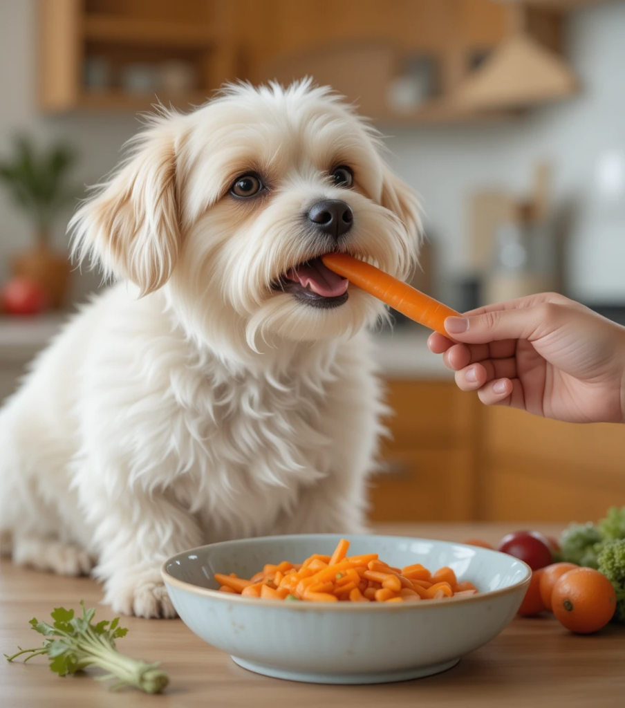 Dog being introduced to vegetables by hand-feeding a carrot.