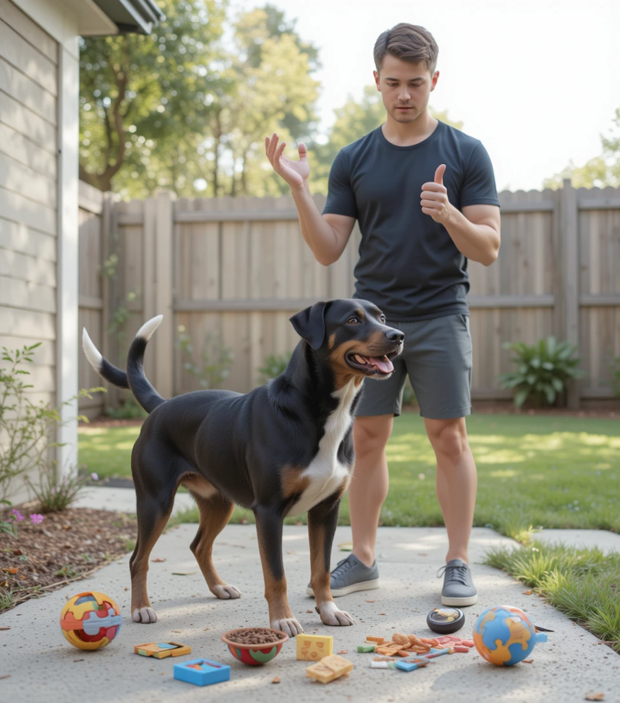 Dog engaged in mental training with its owner