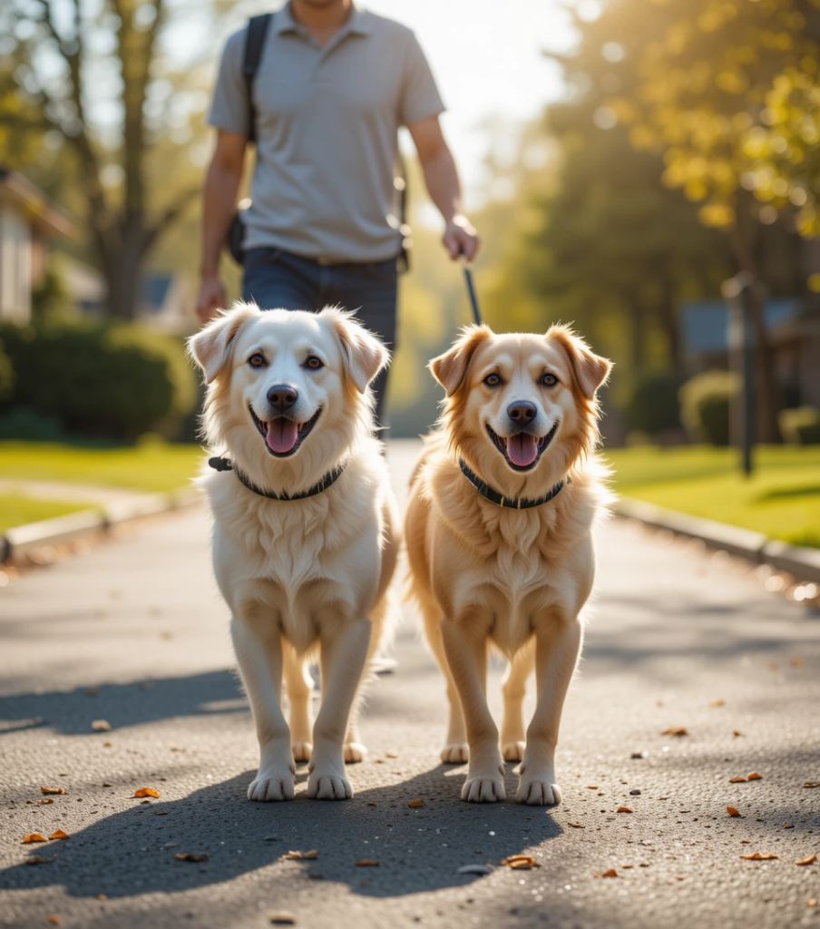 Dogs walking calmly together on a leash.