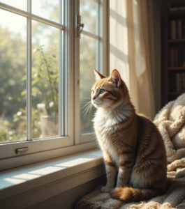 A thoughtful domestic cat sitting by a sunlit window, appearing calm and emotionally reflective.