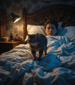 Person trying to sleep while cat walks on bed at night