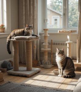 Two cats adjusting to each other in a shared indoor space, peacefully coexisting with distance between them.