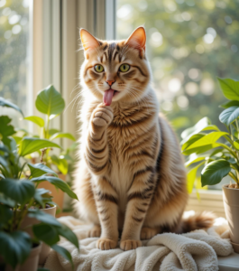 Cat grooming itself by licking its paw on a sunny windowsill