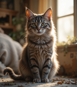 Domestic cat with a hooked tail sitting peacefully in sunlight