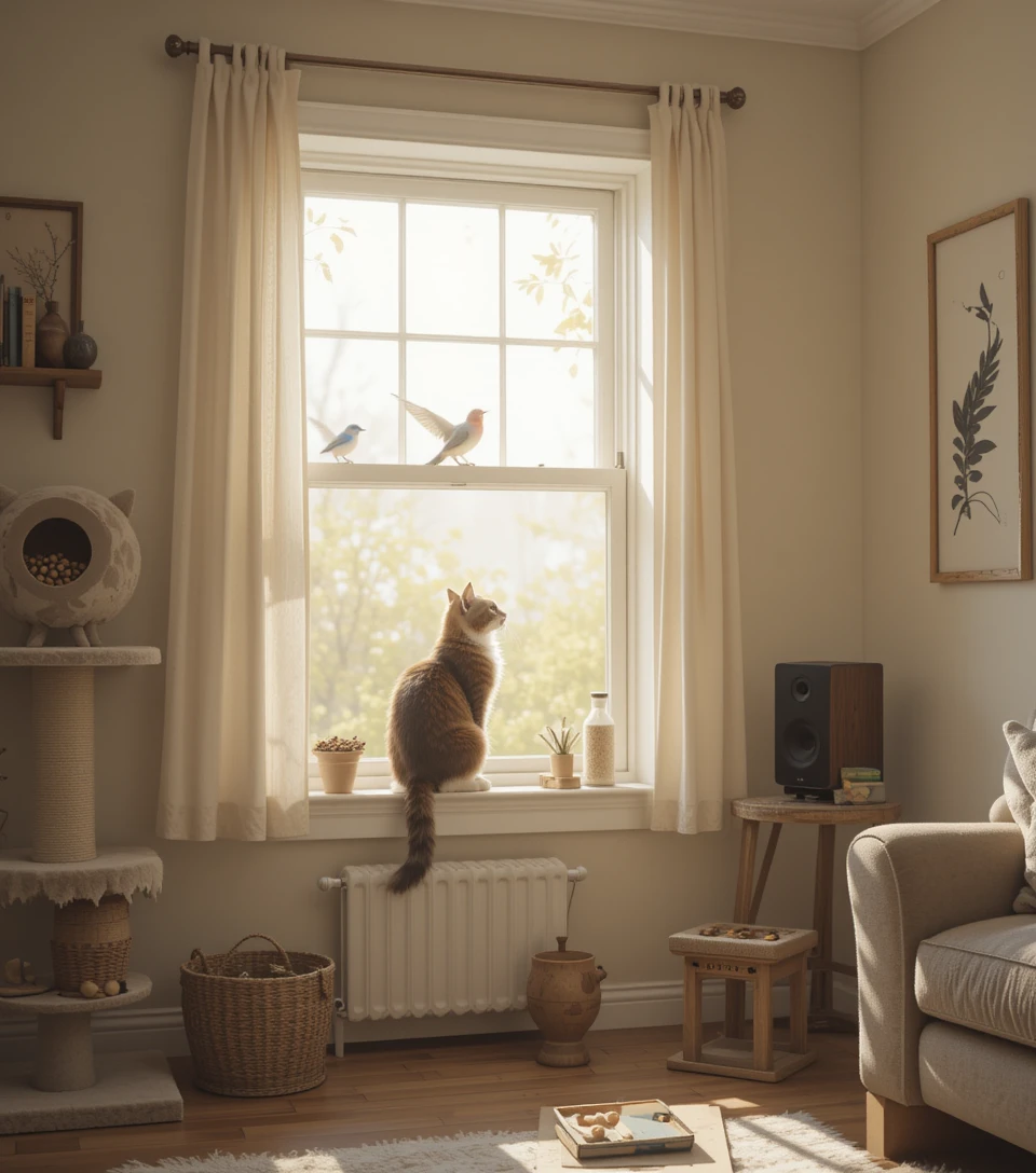 Indoor cat enjoying enrichment toys on a sunny window perch